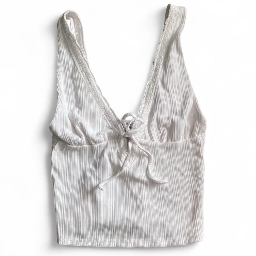 Ardene White Ribbed‎ Lace-Trim Tie-Front Camisole